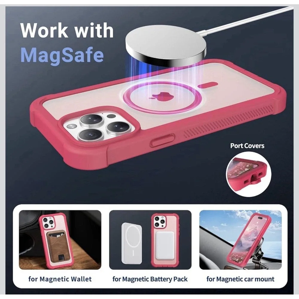 D0046-Shockproof Case for iPhone 15 Pro Max Pink Magnetic Translucent Dual Layer